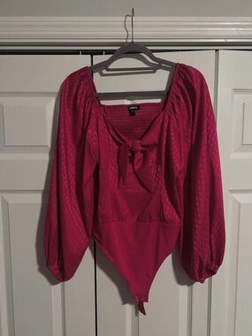 Express Hot Pink Tie-Front Long Sleeve Bodysuit